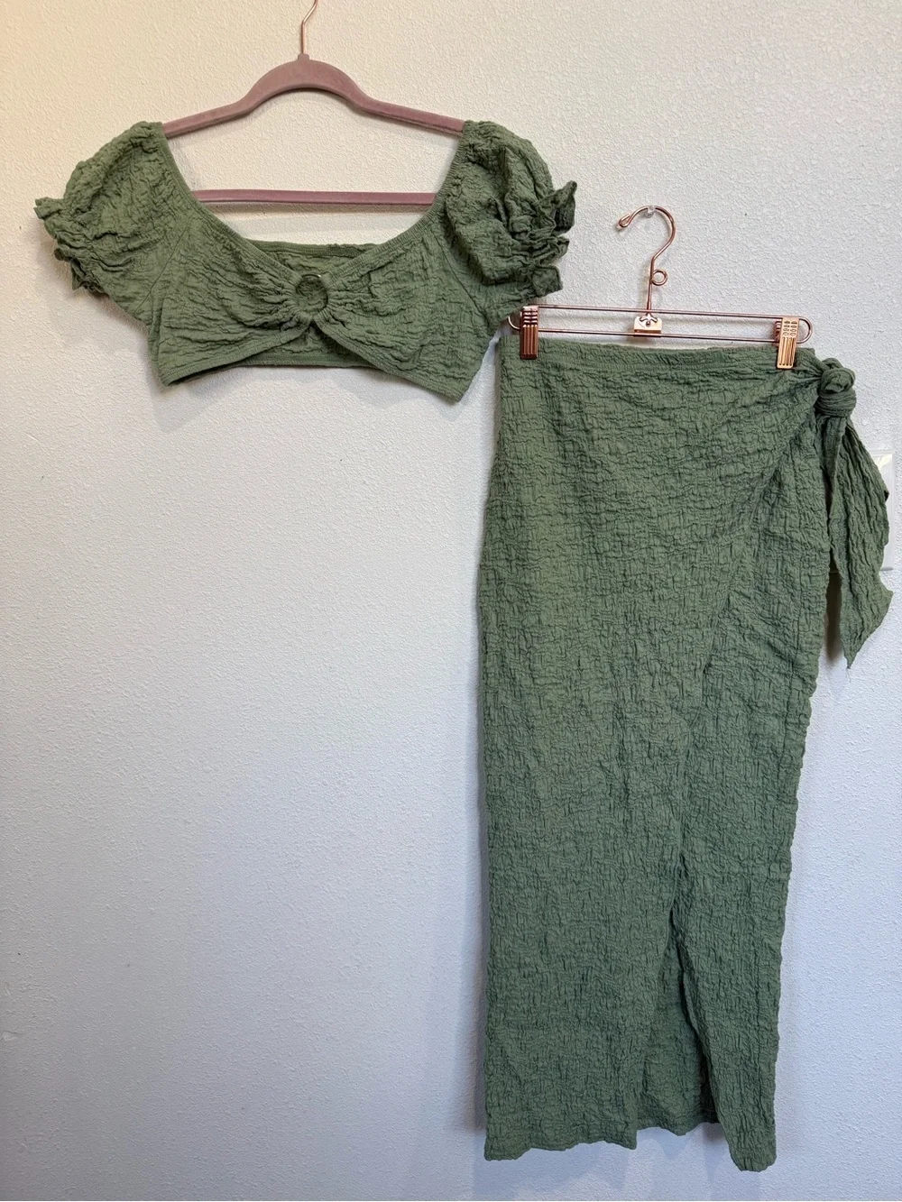 Sage Green Textured Two Piece Beach Set Wrap Skirt Puff Sleeve Top